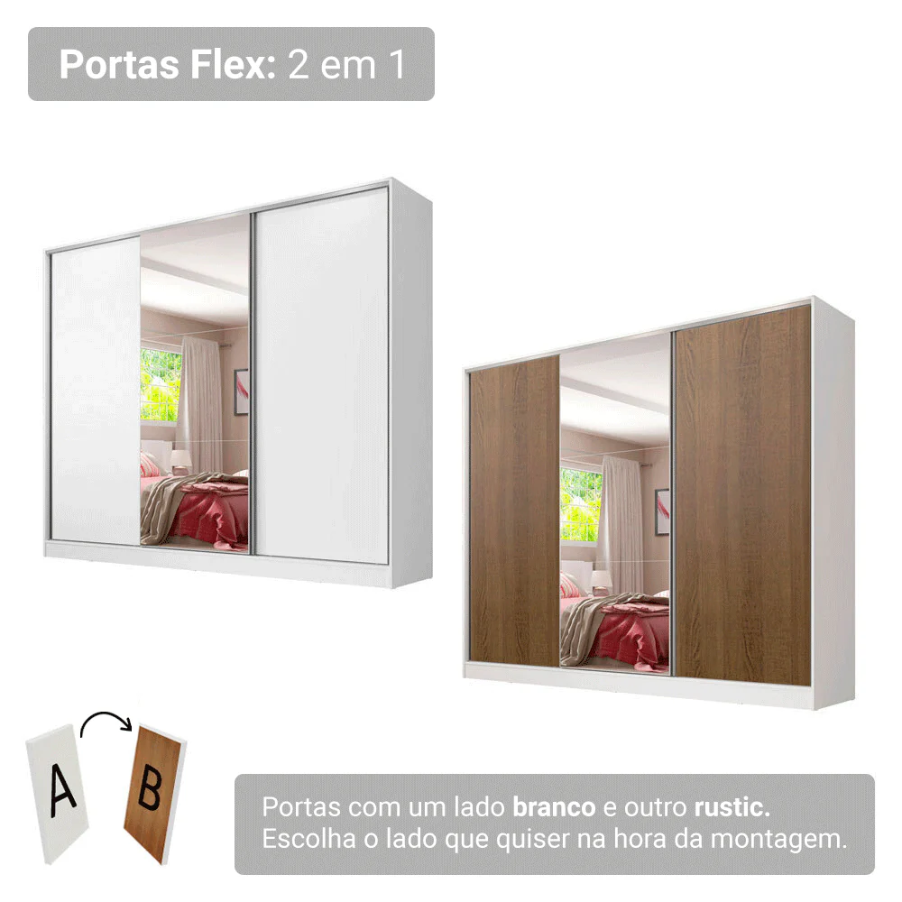 Guarda-Roupa Casal 3 Portas de Correr com Espelho Branco 100% MDF Madesa Zurique - Image 9