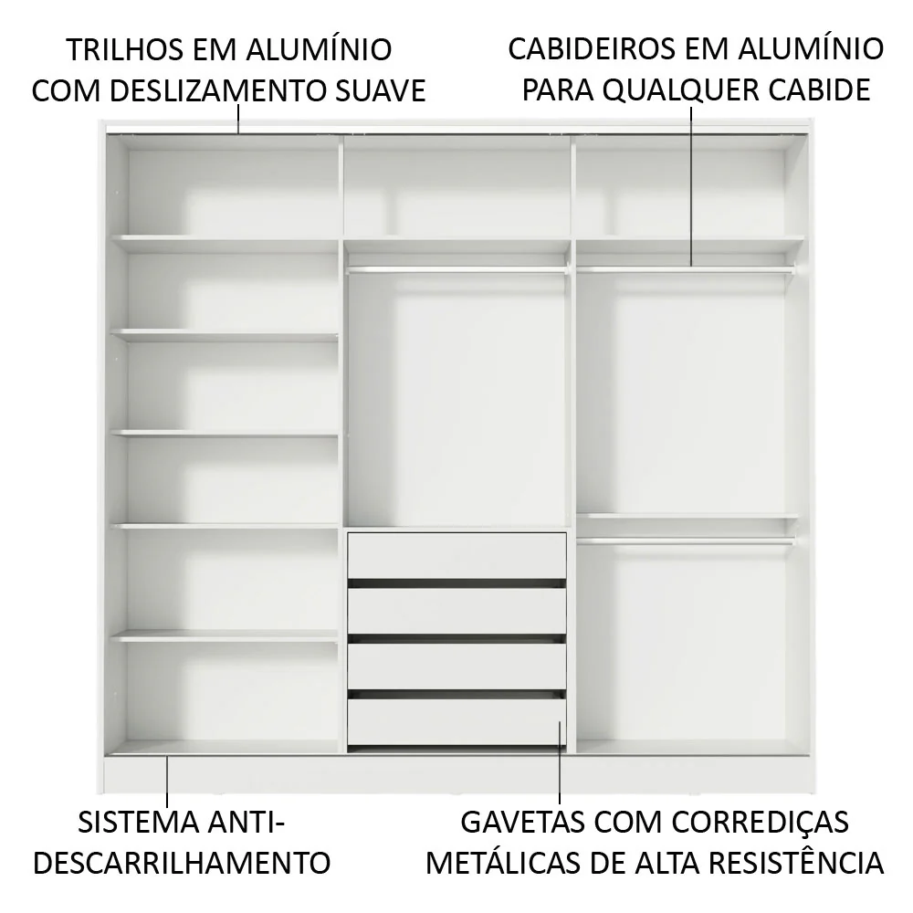 Guarda-Roupa Casal 100% MDF Madesa Zurique 3 Portas de Correr com Espelho Branco/Rustic - Image 5