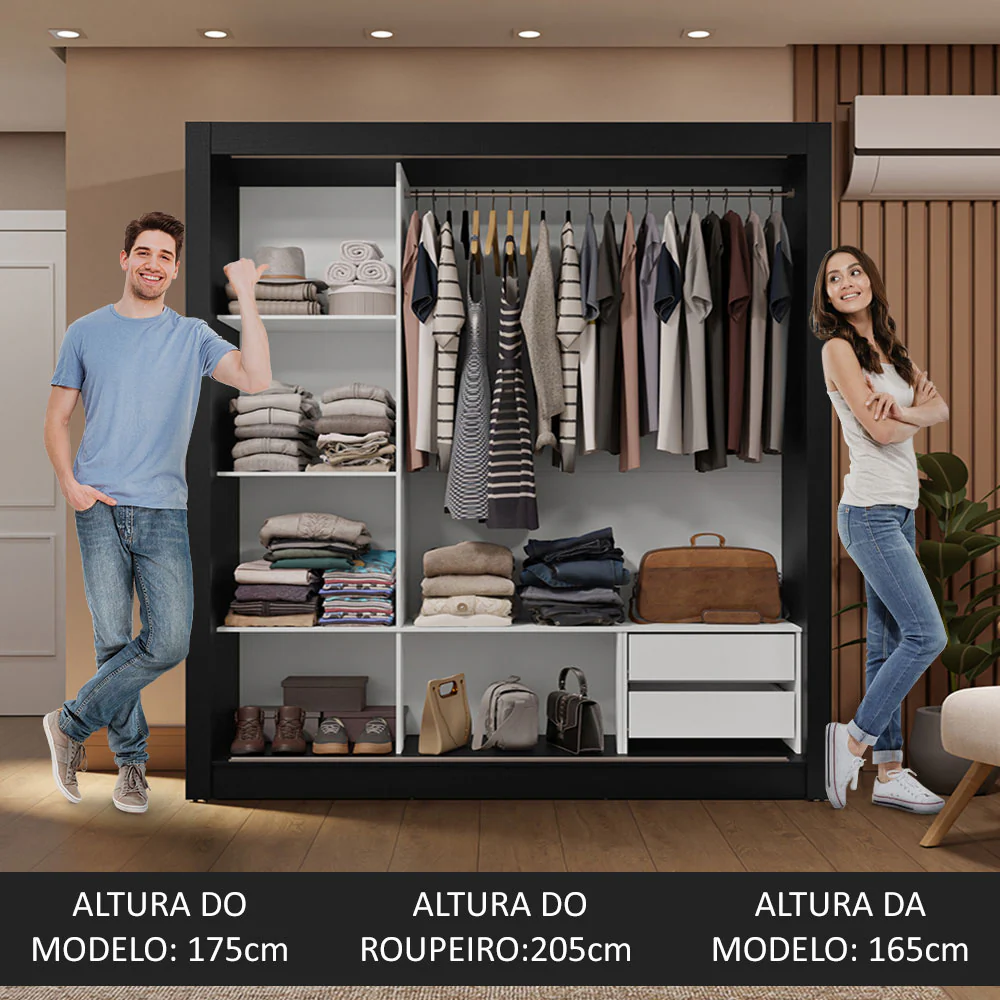 Guarda-Roupa Casal 3 Portas de Correr com Espelho 2 Gavetas Preto/Branco Sublime Madesa - Image 5
