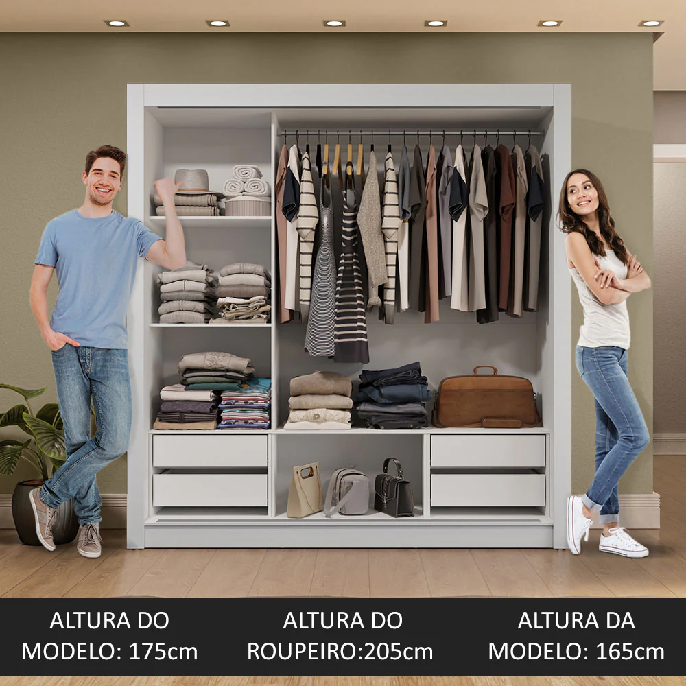Guarda-Roupa Casal 3 Portas de Correr com Espelho 4 Gavetas Branco/Rustic Sublime Plus Madesa - Image 5