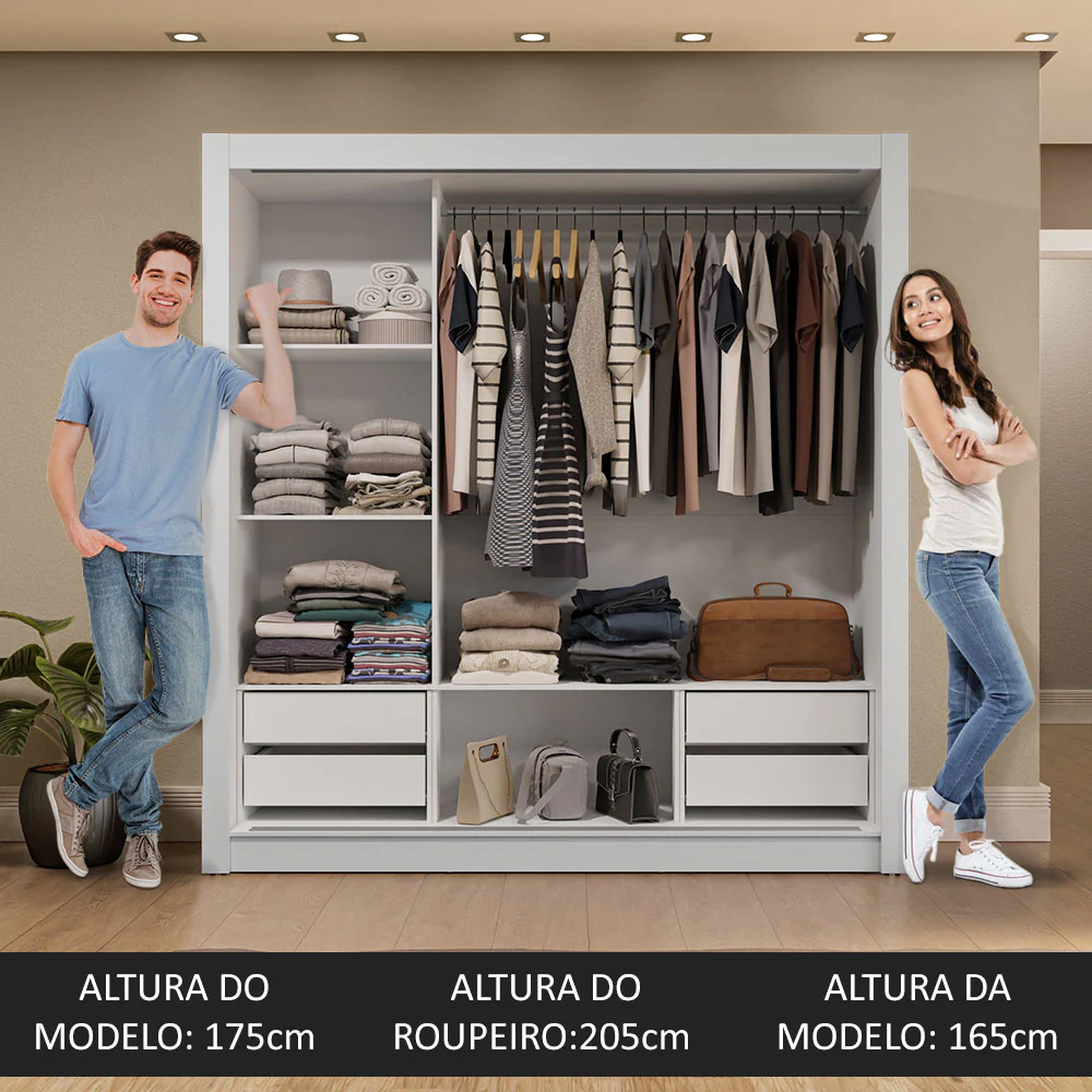 Guarda-Roupa Casal 3 Portas de Correr com Espelhos 4 Gavetas Branco/Rustic Sublime Plus Madesa - Image 5