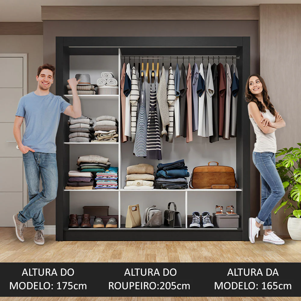 Guarda-Roupa Casal 3 Portas de Correr com Espelhos Preto/Cinza Nobre Madesa - Image 5