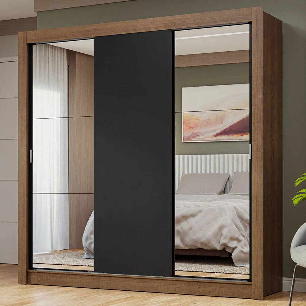 Guarda-Roupa Casal 3 Portas de Correr com Espelhos Rustic/Preto Nobre Madesa