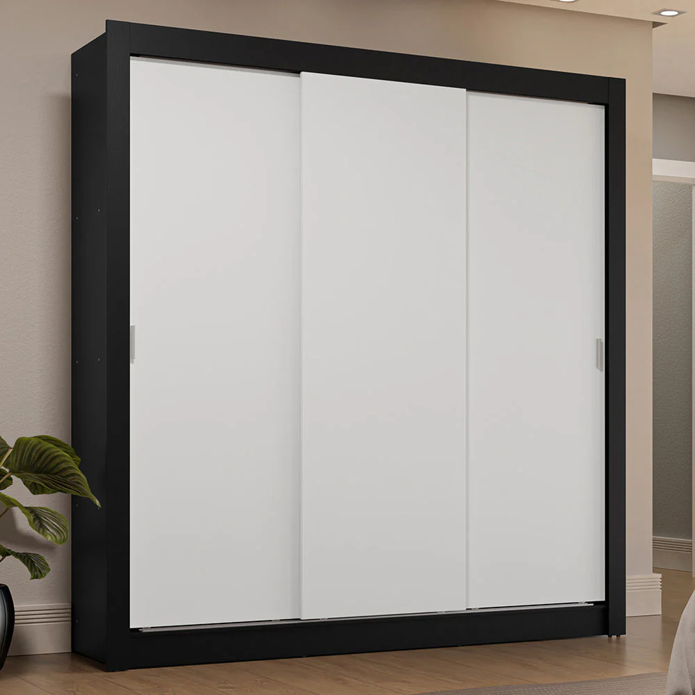 Guarda-Roupa Casal 3 Portas de Correr Preto/Branco Sublime Plus Madesa