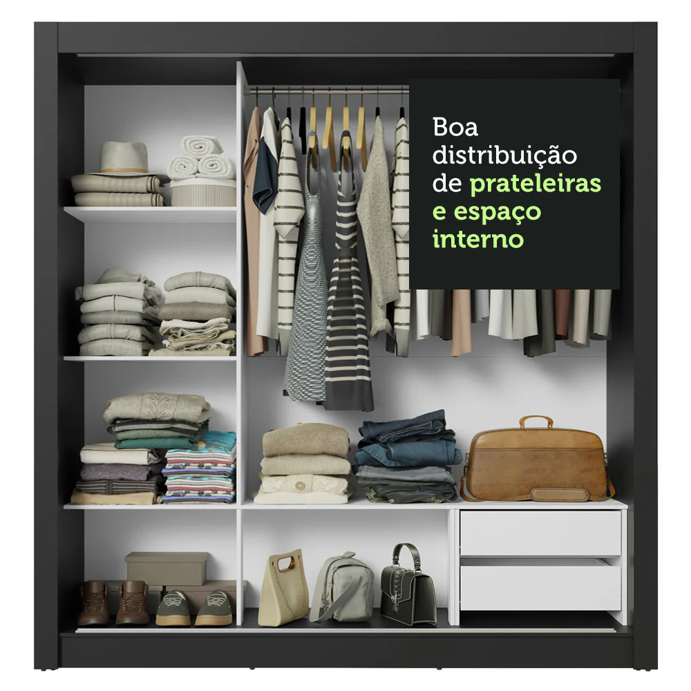 Guarda-Roupa Casal 3 Portas de Correr Preto Sublime Madesa - Image 8