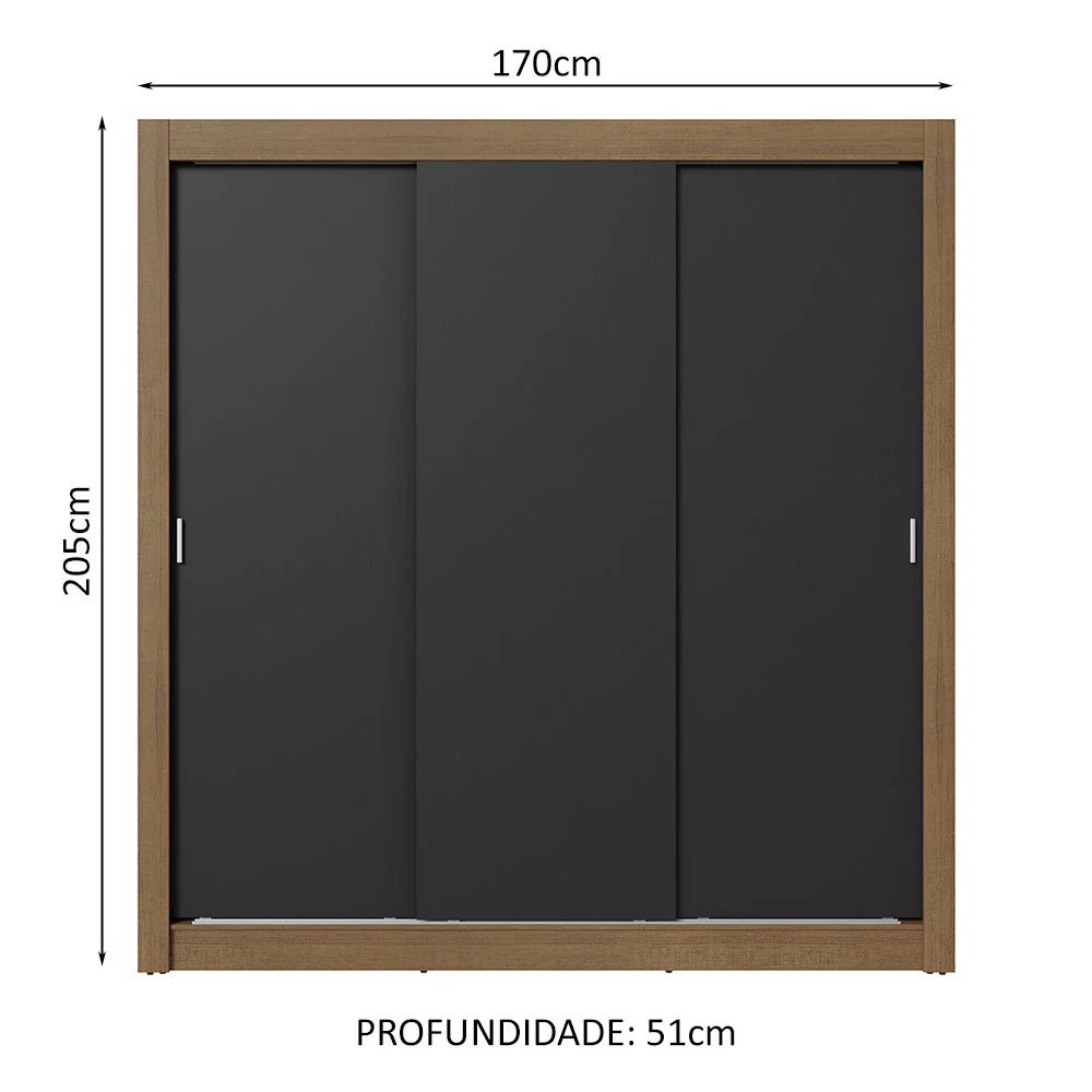 Guarda-Roupa Casal 3 Portas de Correr Rustic/Preto Nobre Madesa - Image 3