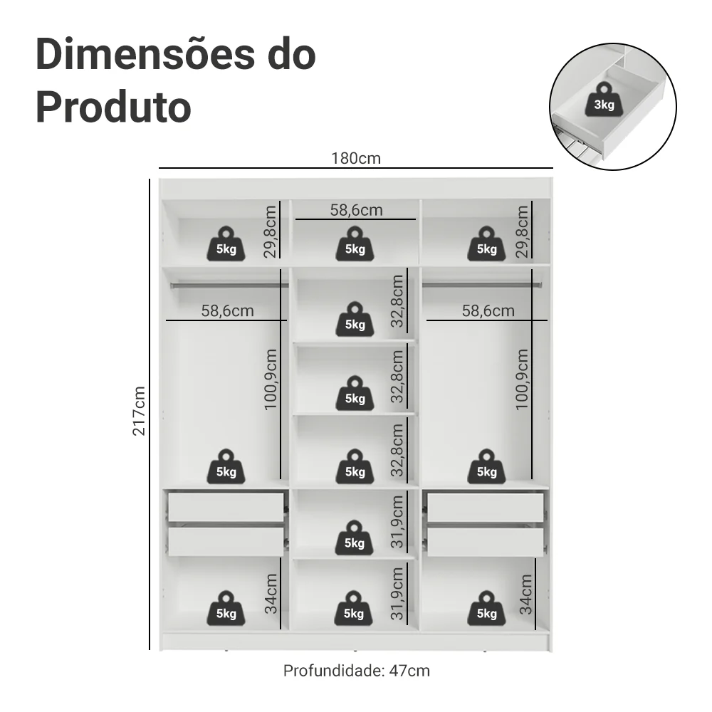 Guarda-Roupa Casal 6 Portas Batentes Branco/Branco/Preto Venus Madesa - Image 3