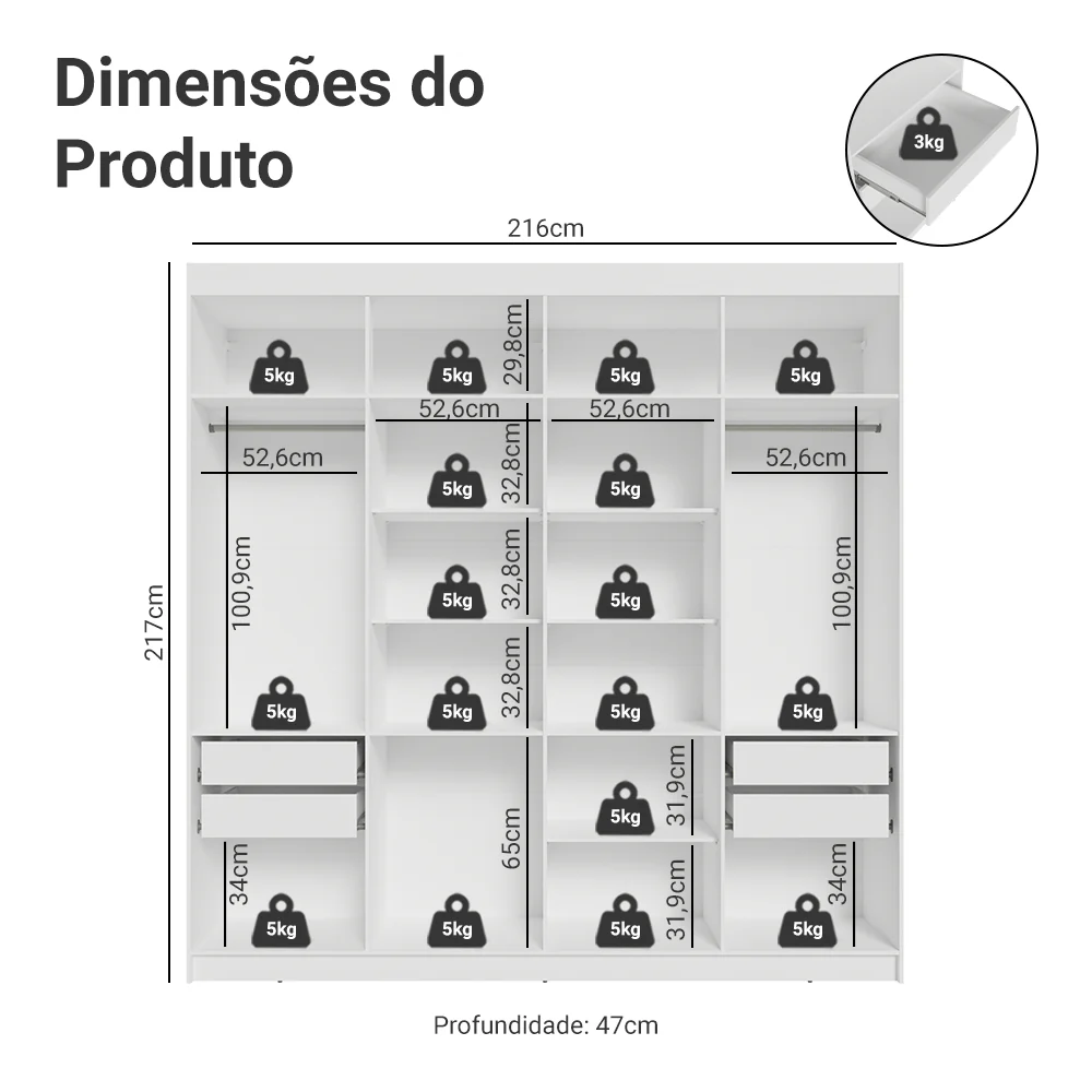 Guarda-Roupa Casal 8 Portas Batentes com Espelho Branco/Preto/Preto Venus Madesa - Image 3
