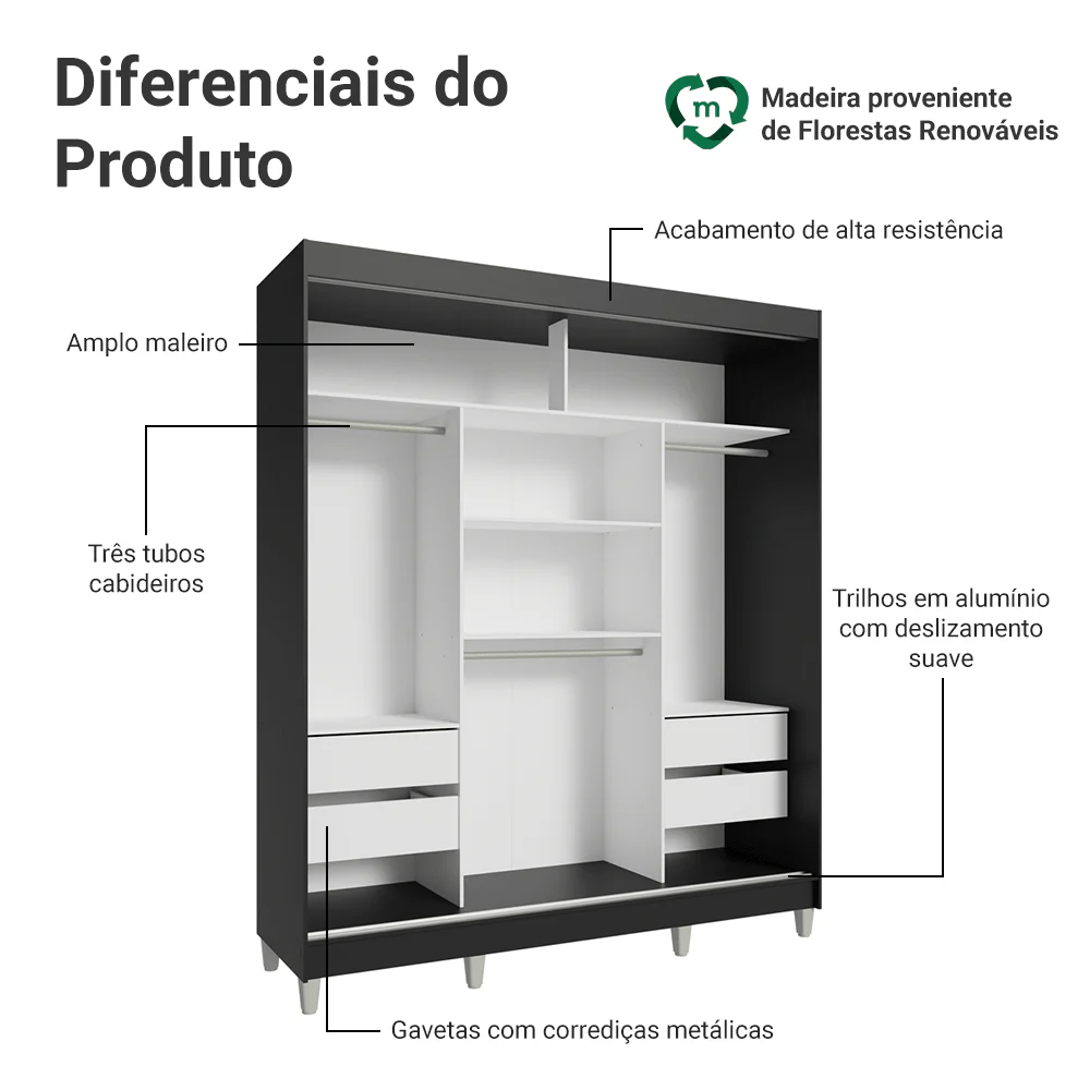Guarda-Roupa Casal com Pés 3 Portas de Correr com Espelho Preto/Rustic Reno Madesa - Image 4