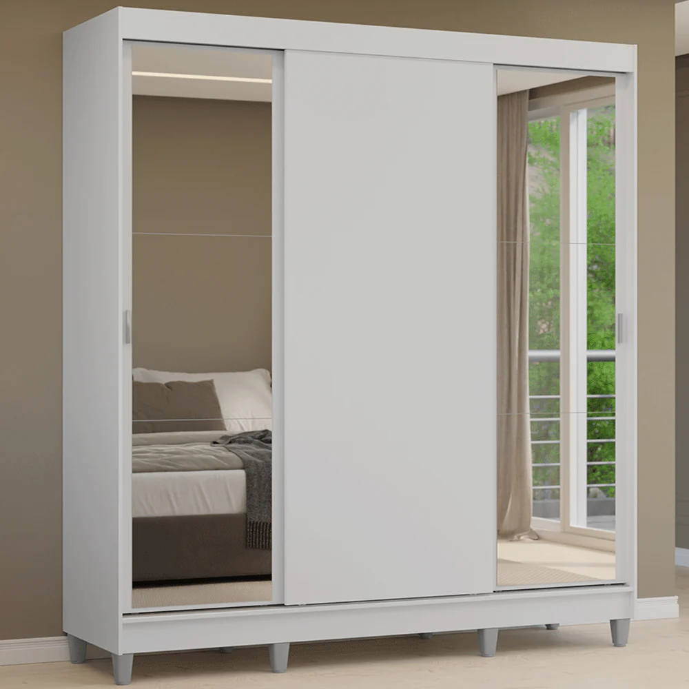 Guarda-Roupa Casal com Pés 3 Portas de Correr com Espelhos Branco Reno Madesa