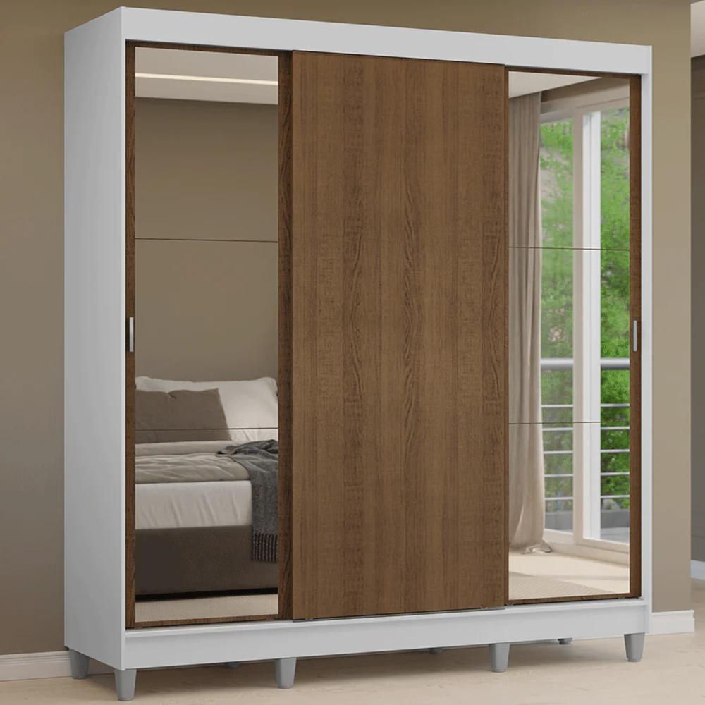 Guarda-Roupa Casal com Pés 3 Portas de Correr com Espelhos Branco/Rustic Reno Madesa