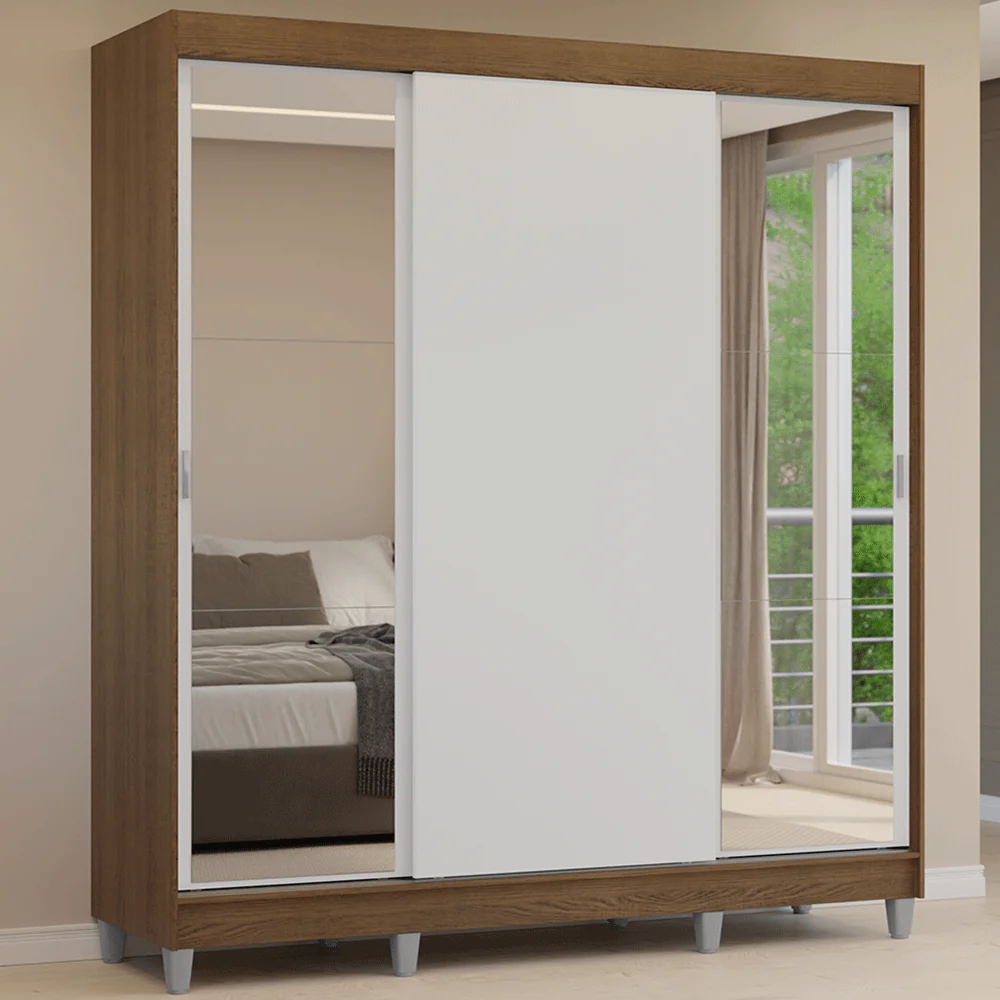 Guarda-Roupa Casal com Pés 3 Portas de Correr com Espelhos Rustic/Branco Reno Madesa