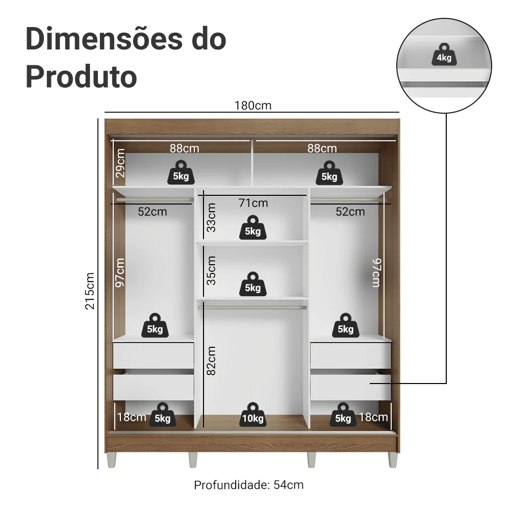 Guarda-Roupa Casal com Pés 3 Portas de Correr com Espelhos Rustic/Cinza Reno Madesa - Image 3