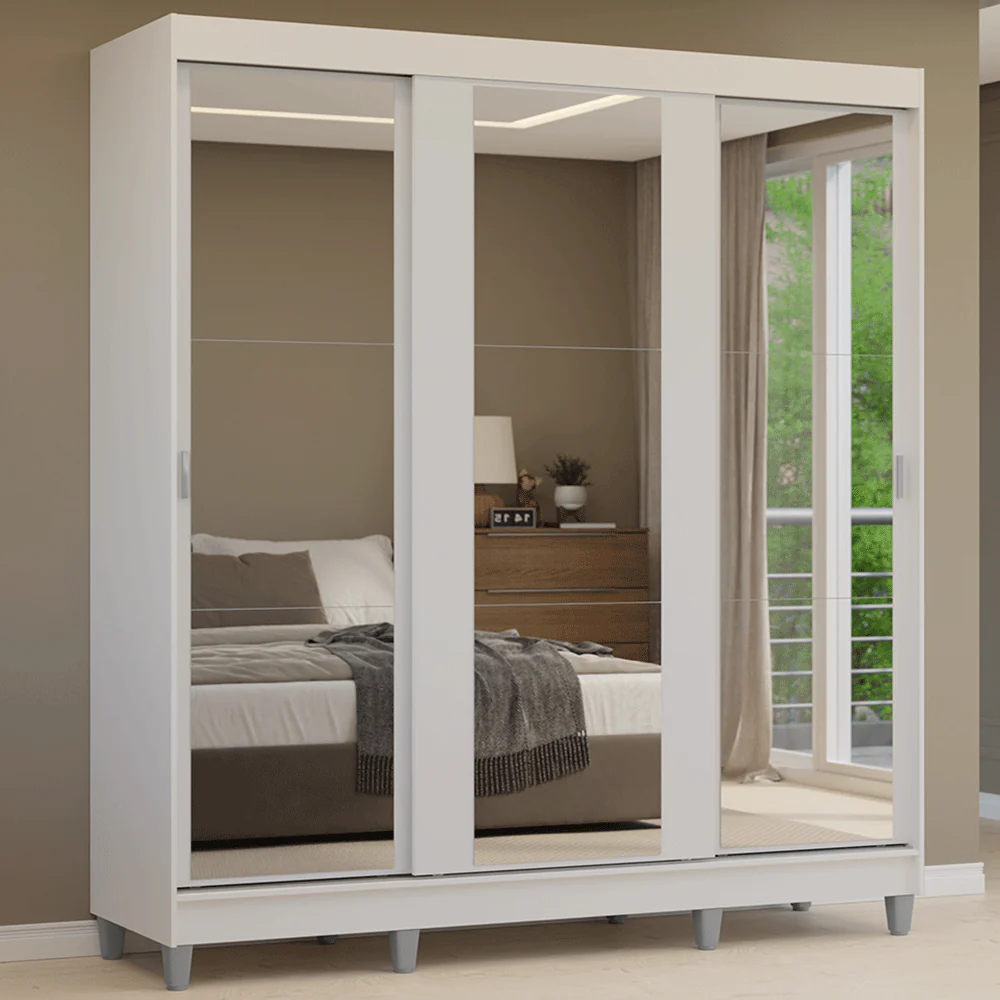 Guarda-Roupa Casal com Pés 3 Portas de Correr de Espelho Branco Reno Madesa