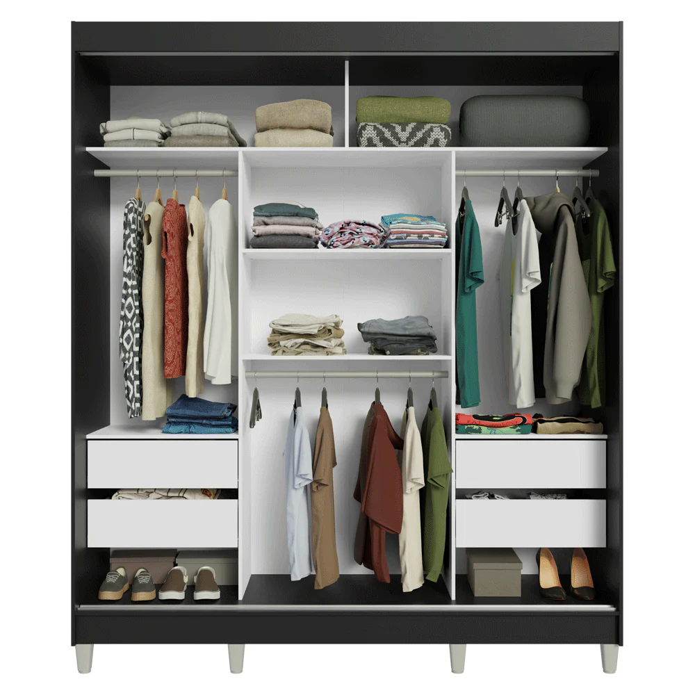 Guarda-Roupa Casal com Pés 3 Portas de Correr de Espelho Preto/Branco Reno Madesa - Image 7