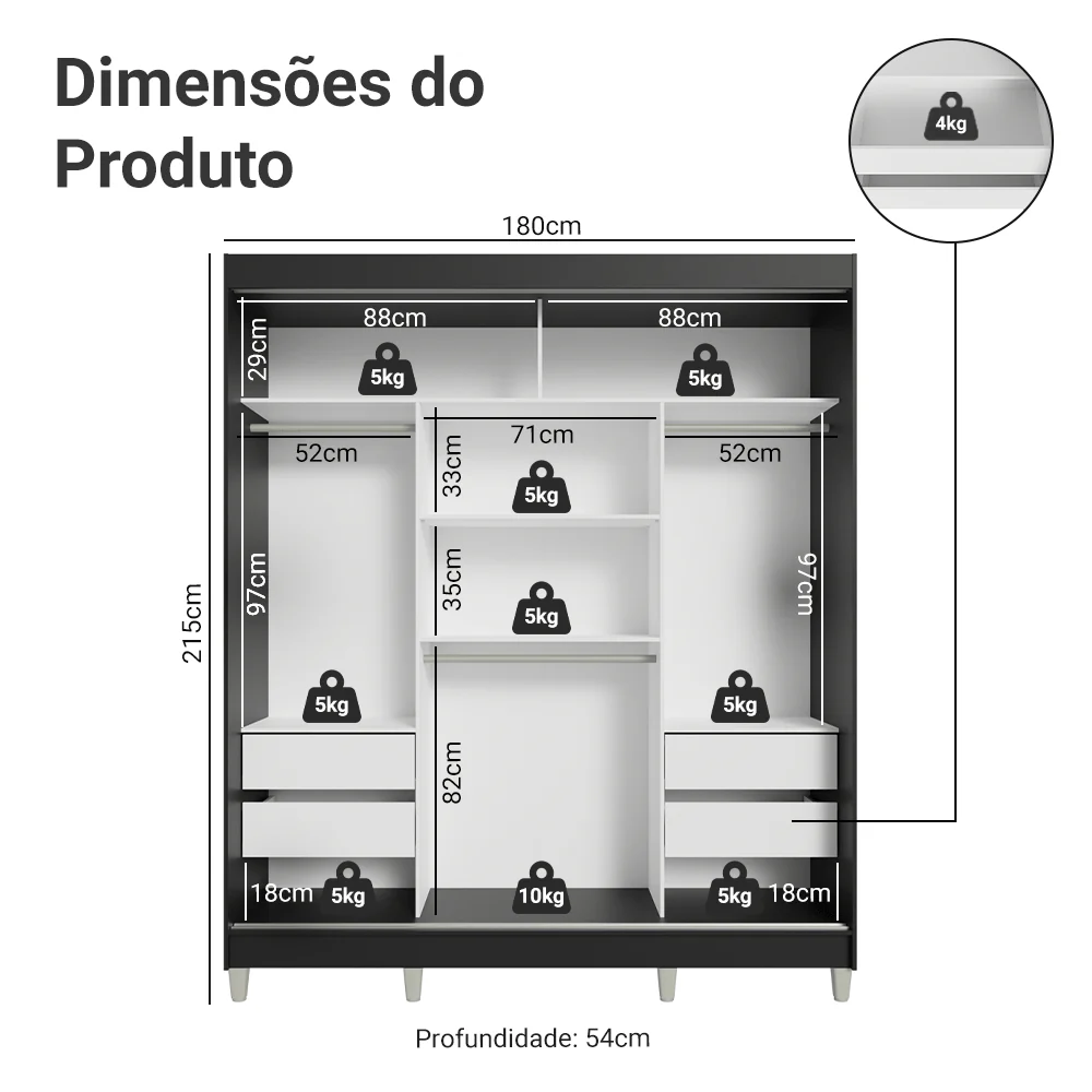 Guarda-Roupa Casal com Pés 3 Portas de Correr Preto/Branco Reno Madesa - Image 3