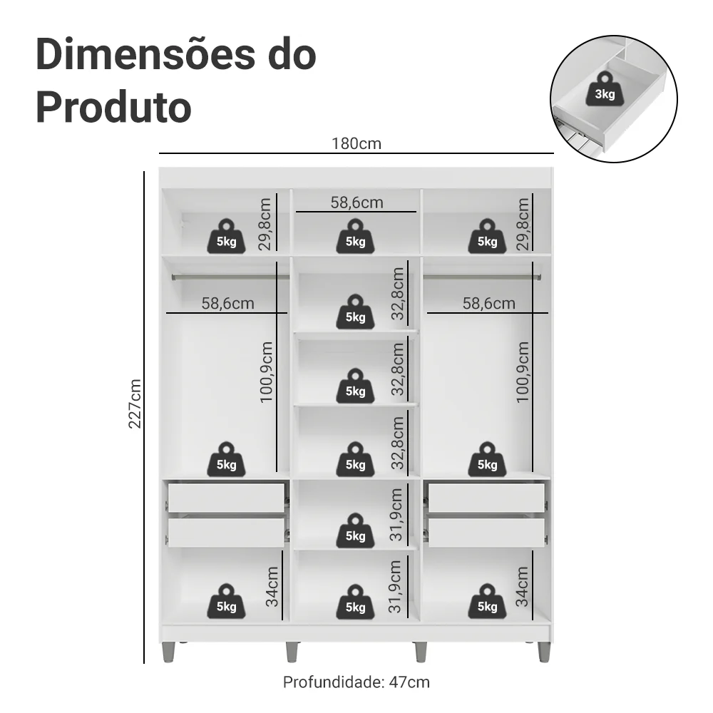 Guarda-Roupa Casal com Pés 6 Portas Batentes Branco/Branco/Preto Venus Madesa - Image 3