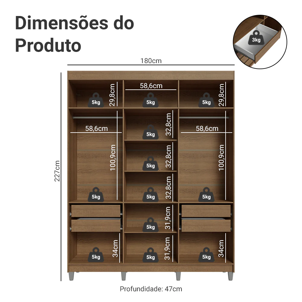 Guarda-Roupa Casal com Pés 6 Portas Batentes com Espelho Rustic/Branco/Rustic Venus Madesa - Image 3
