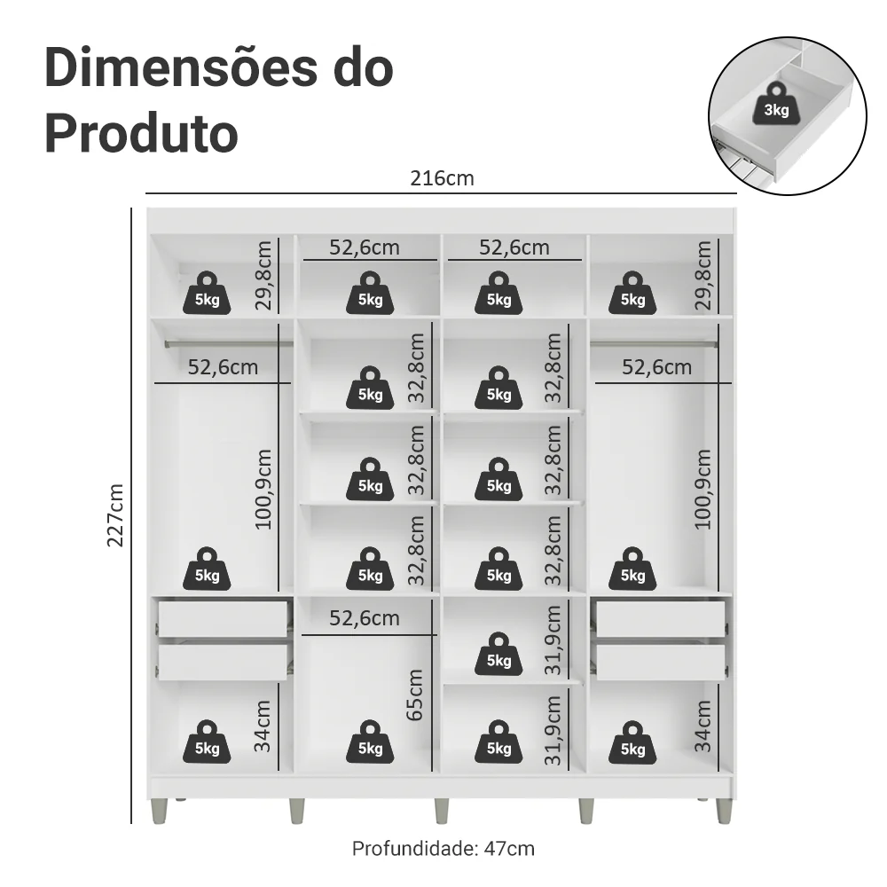Guarda-Roupa Casal com Pés 8 Portas Batentes Branco/Preto/Preto Venus Madesa - Image 3