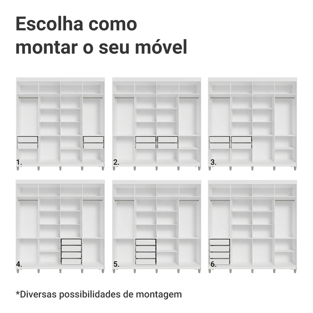 Guarda-Roupa Casal com Pés 8 Portas Batentes com Espelho Branco/Preto/Preto Venus Madesa - Image 5