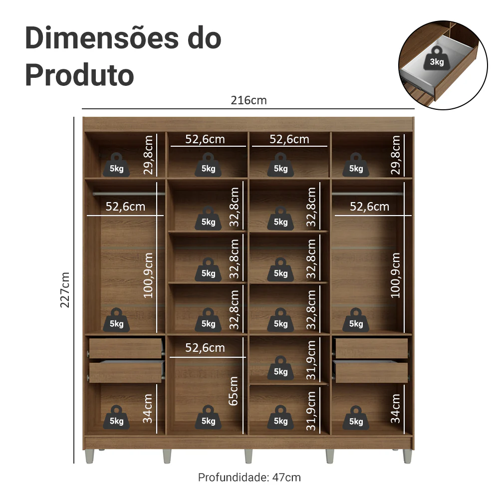Guarda-Roupa Casal com Pés 8 Portas Batentes com Espelho Rustic/Preto/Preto Venus Madesa - Image 3