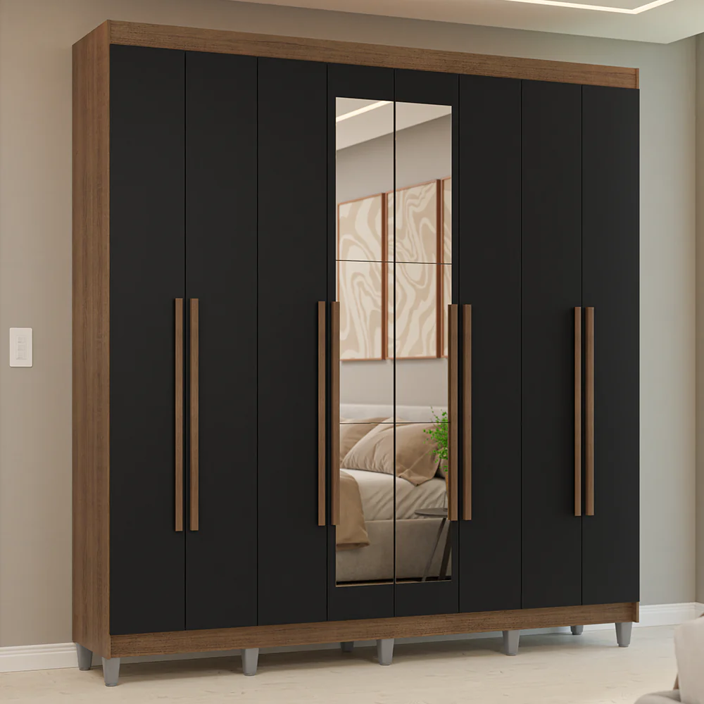 Guarda-Roupa Casal com Pés 8 Portas Batentes com Espelho Rustic/Preto/Rustic Venus Madesa