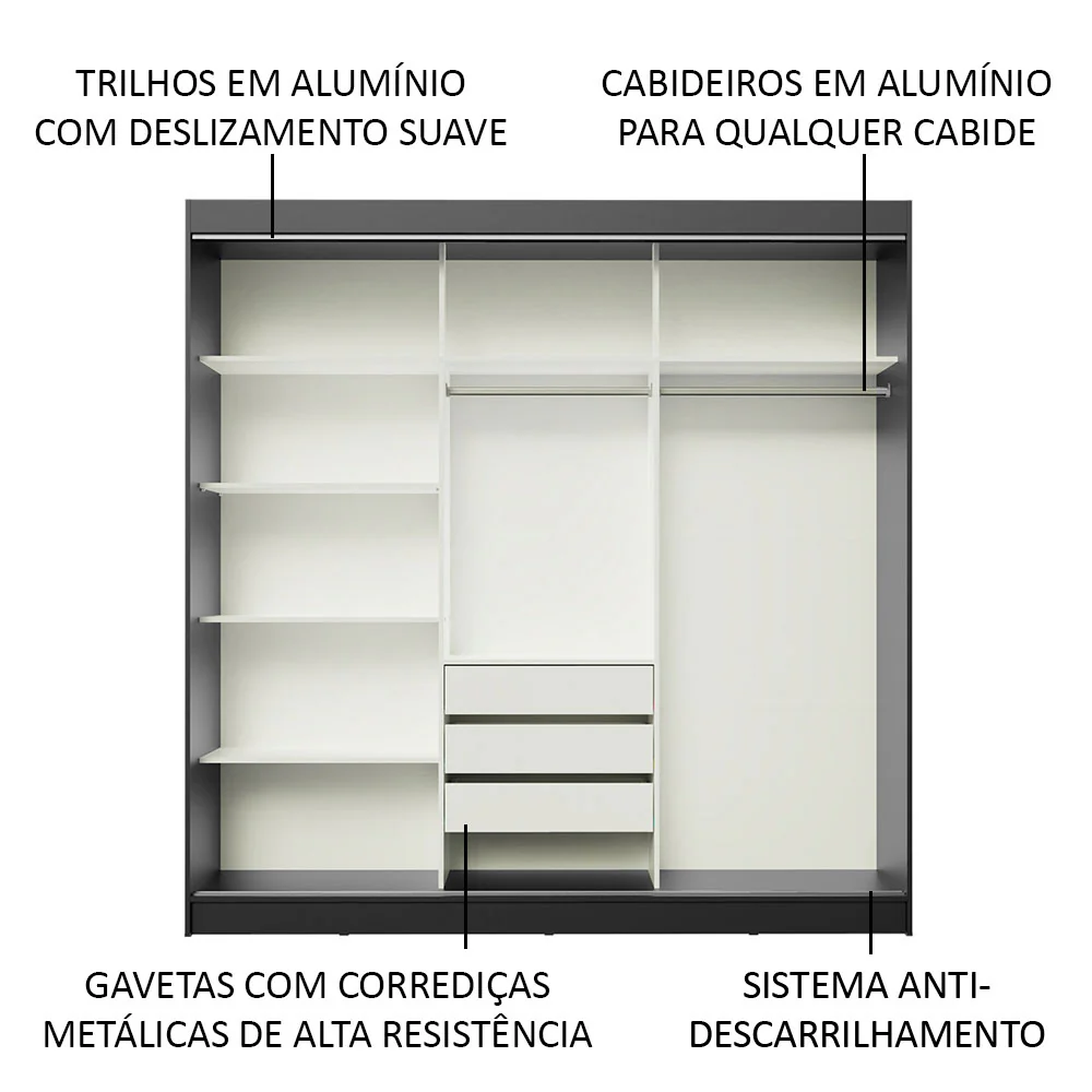 Guarda-Roupa Casal Madesa Austin 4 Portas de Correr de Espelho 3 Gavetas Preto/Branco - Image 5