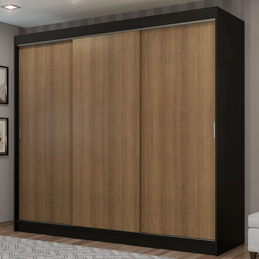Guarda-Roupa Casal Madesa Kansas 3 Portas de Correr 3 Gavetas Preto/Rustic