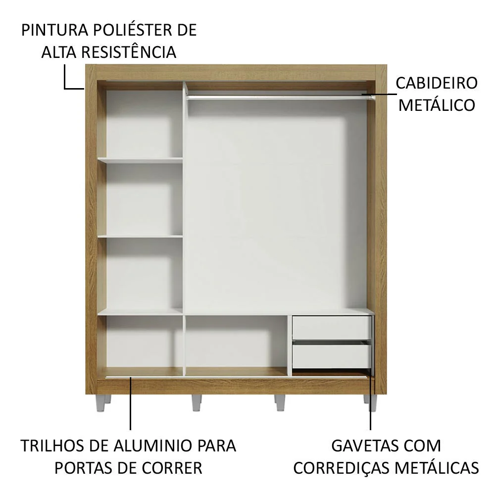 Guarda-Roupa Casal Madesa Lyon 3 Portas de Correr com Espelho 2 Gavetas com Pés Rustic/Branco - Image 5