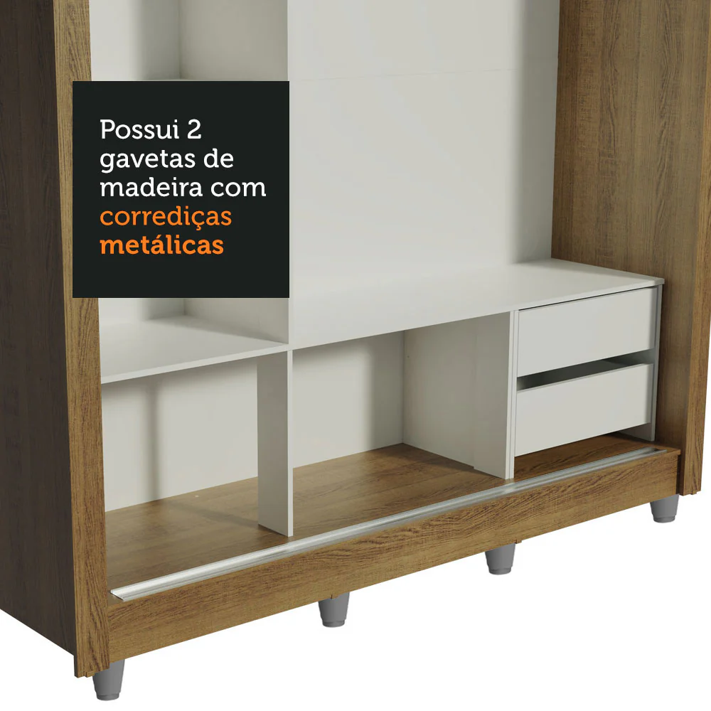 Guarda-Roupa Casal Madesa Lyon 3 Portas de Correr com Espelho 2 Gavetas com Pés Rustic/Branco - Image 8