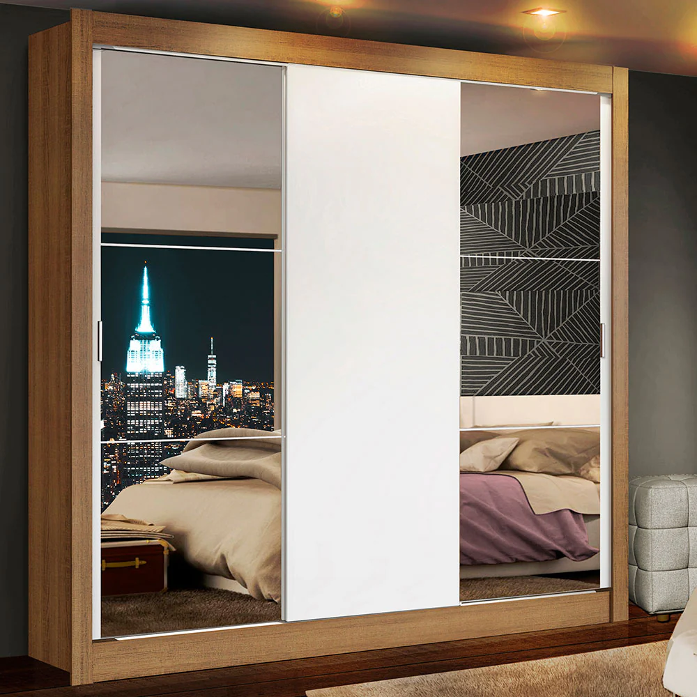 Guarda-Roupa Casal Madesa Lyon 3 Portas de Correr com Espelhos 2 Gavetas Rustic/Branco