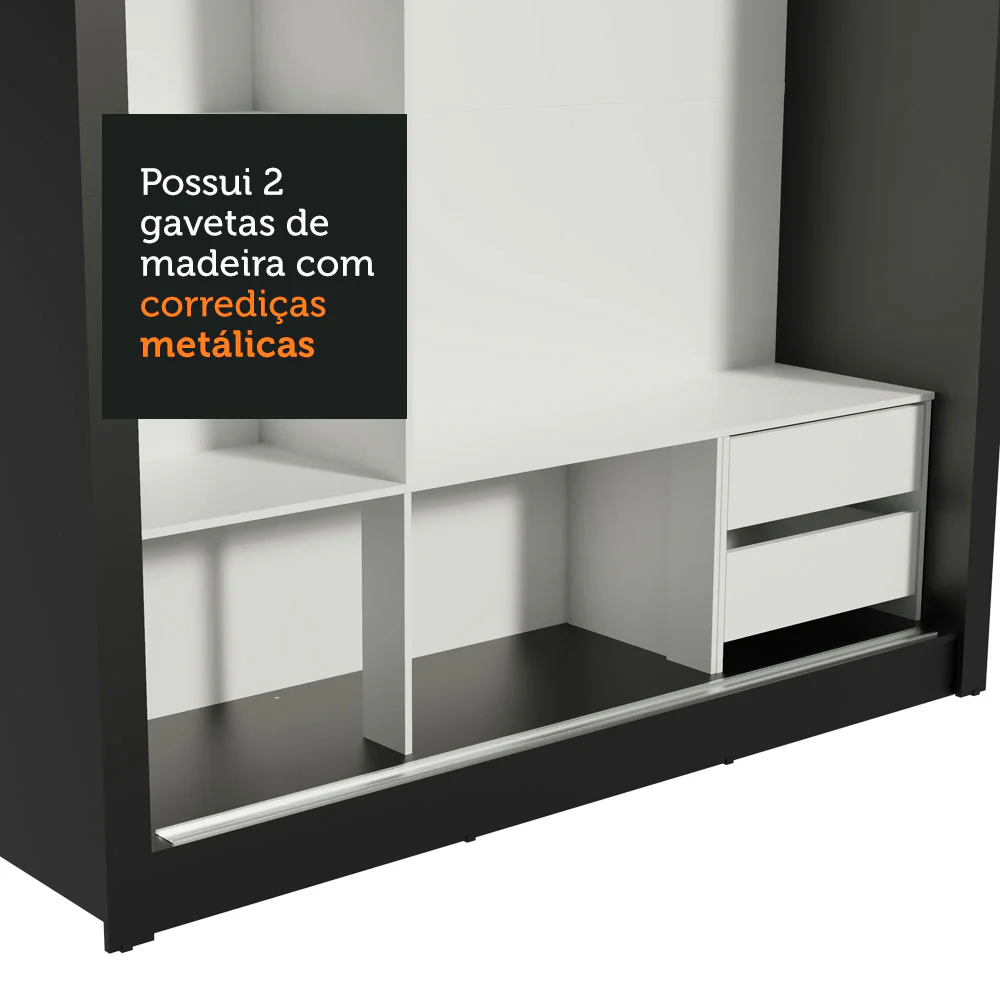 Guarda-Roupa Casal Madesa Lyon 3 Portas de Correr de Espelho 2 Gavetas Preto - Image 9