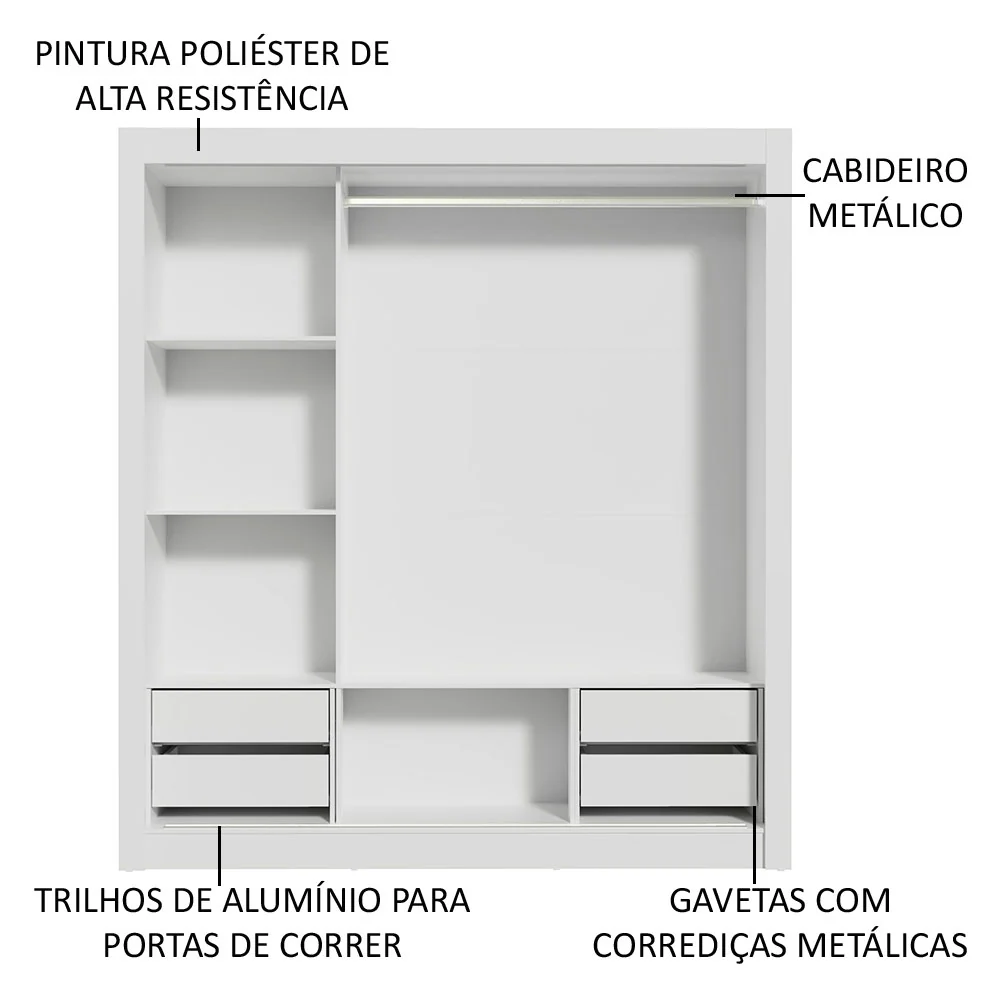 Guarda-Roupa Casal Madesa Lyon Plus 3 Portas de Correr 4 Gavetas Branco/Preto - Image 6