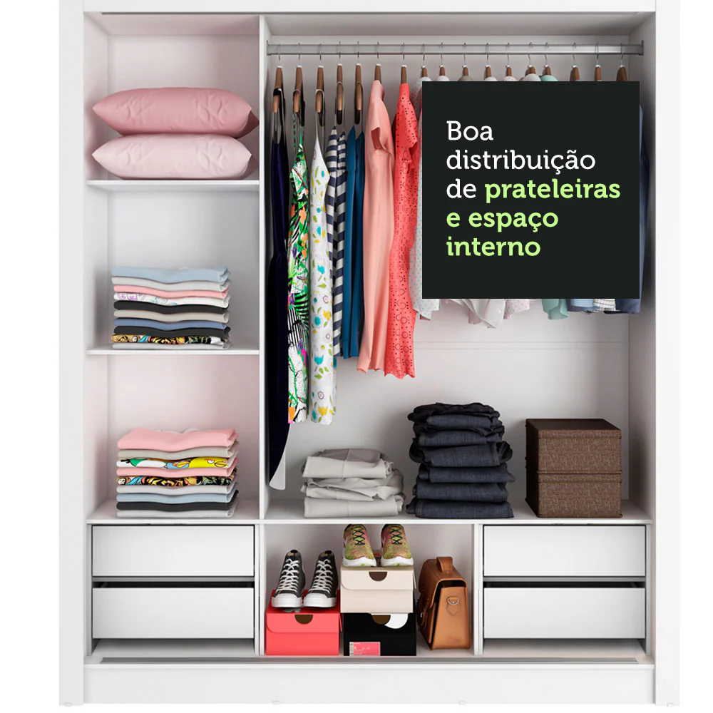 Guarda-Roupa Casal Madesa Lyon Plus 3 Portas de Correr com Espelho 4 Gavetas Branco - Image 7