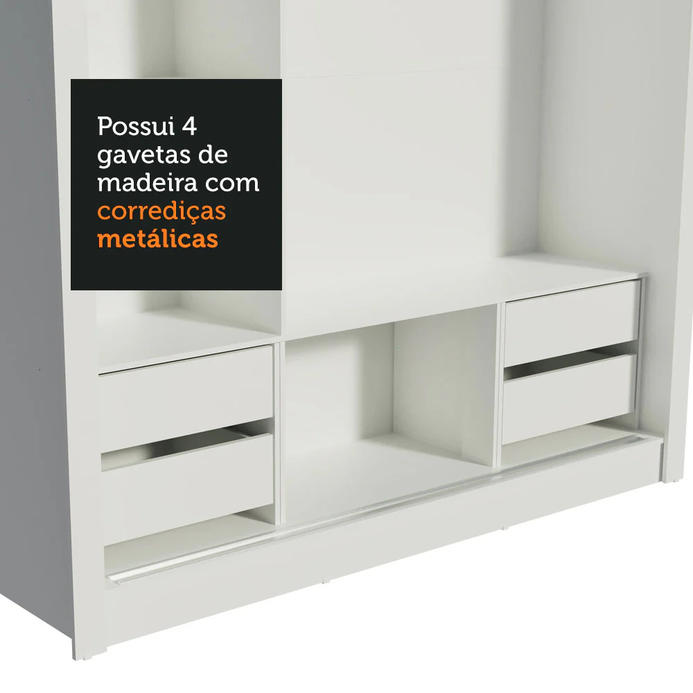 Guarda-Roupa Casal Madesa Lyon Plus 3 Portas de Correr com Espelho 4 Gavetas Branco - Image 9