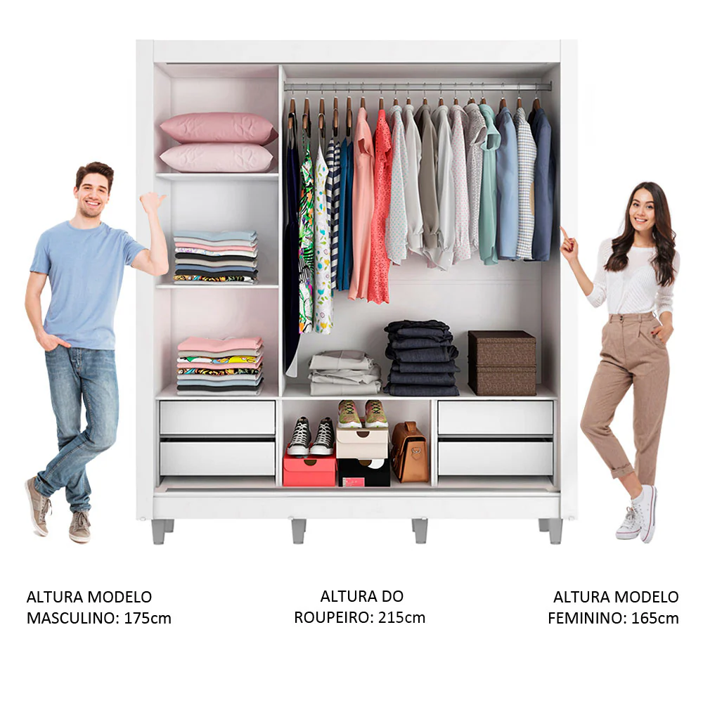 Guarda-Roupa Casal Madesa Lyon Plus 3 Portas de Correr com Espelho 4 Gavetas com Pés Branco - Image 4