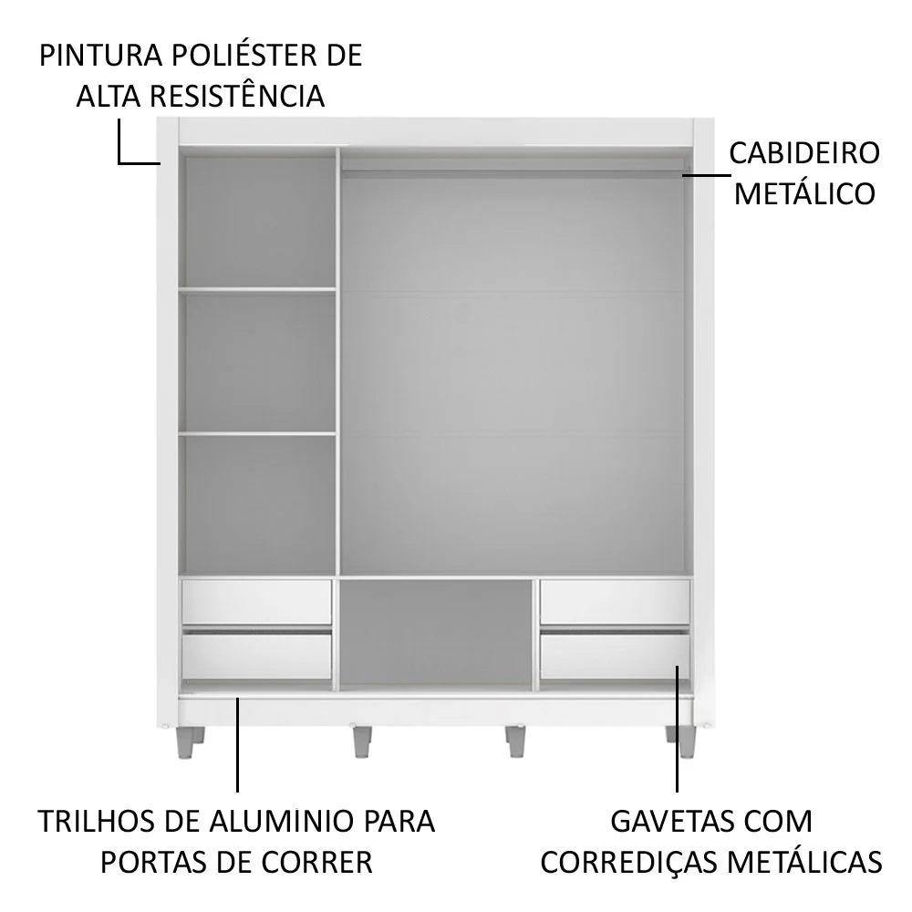 Guarda-Roupa Casal Madesa Lyon Plus 3 Portas de Correr com Espelho 4 Gavetas com Pés Branco - Image 5