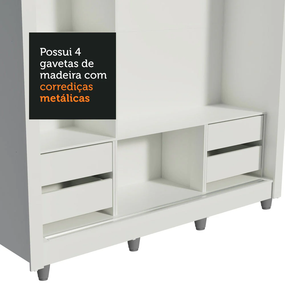 Guarda-Roupa Casal Madesa Lyon Plus 3 Portas de Correr com Espelho 4 Gavetas com Pés Branco - Image 8