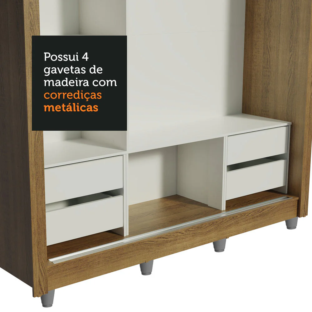 Guarda-Roupa Casal Madesa Lyon Plus 3 Portas de Correr com Espelho 4 Gavetas com Pés Rustic/Branco - Image 8