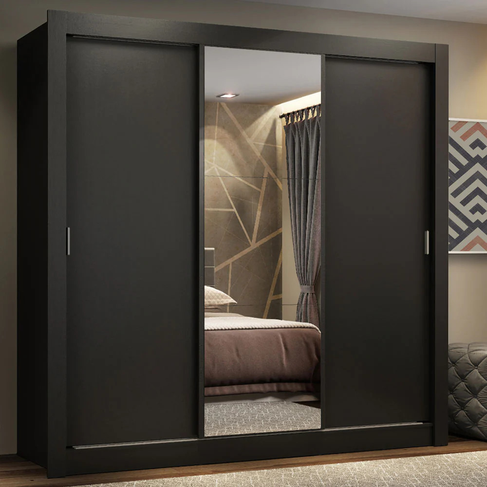 Guarda-Roupa Casal Madesa Lyon Plus 3 Portas de Correr com Espelho 4 Gavetas Preto