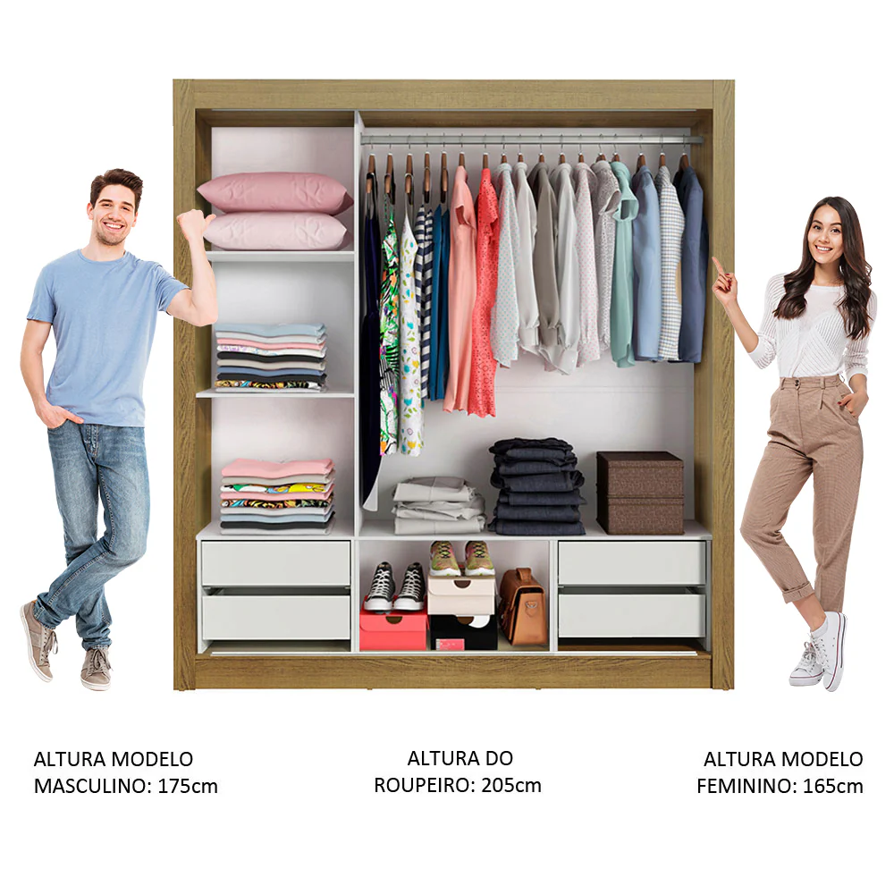Guarda-Roupa Casal Madesa Lyon Plus 3 Portas de Correr com Espelho 4 Gavetas Rustic/Branco - Image 5