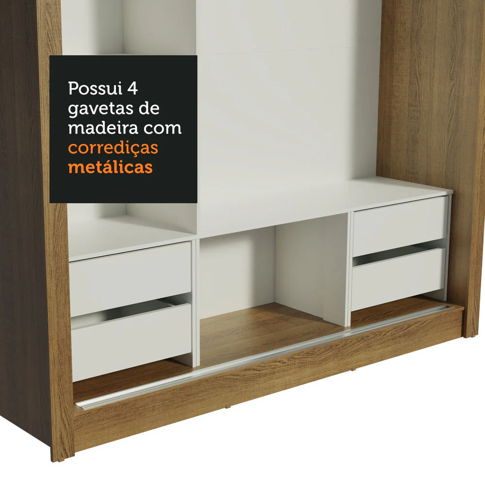 Guarda-Roupa Casal Madesa Lyon Plus 3 Portas de Correr com Espelho 4 Gavetas Rustic/Branco - Image 9