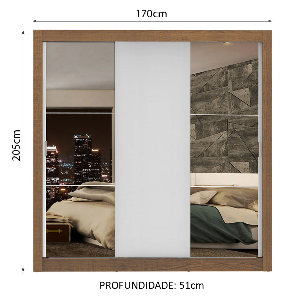 Guarda-Roupa Casal Madesa Lyon Plus 3 Portas de Correr com Espelhos 4 Gavetas Rustic/Branco - Image 3