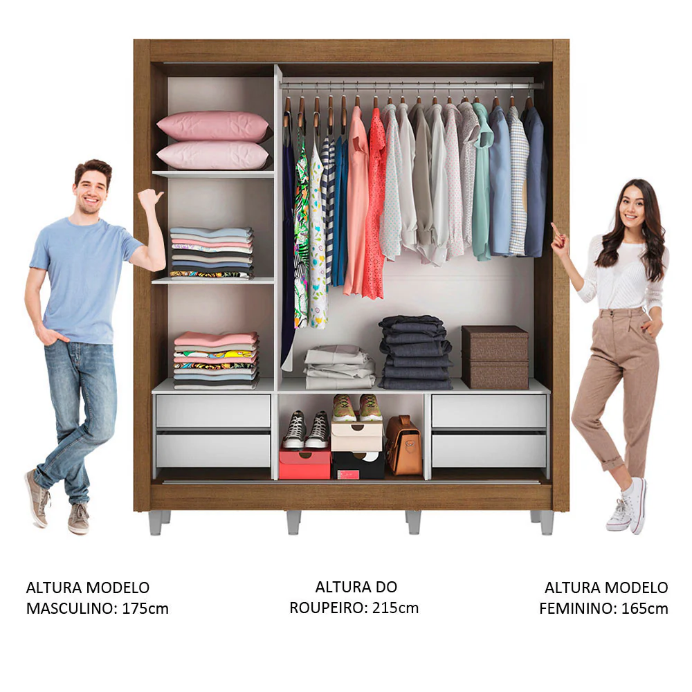 Guarda-Roupa Casal Madesa Lyon Plus 3 Portas de Correr com Espelhos 4 Gavetas com Pés Rustic/Branco - Image 4