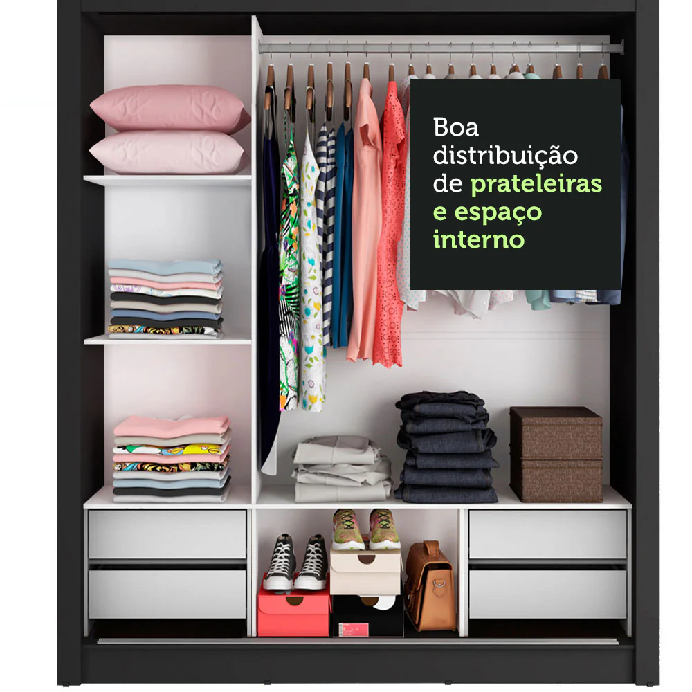 Guarda-Roupa Casal Madesa Lyon Plus 3 Portas de Correr com Espelhos 4 Gavetas Preto - Image 7