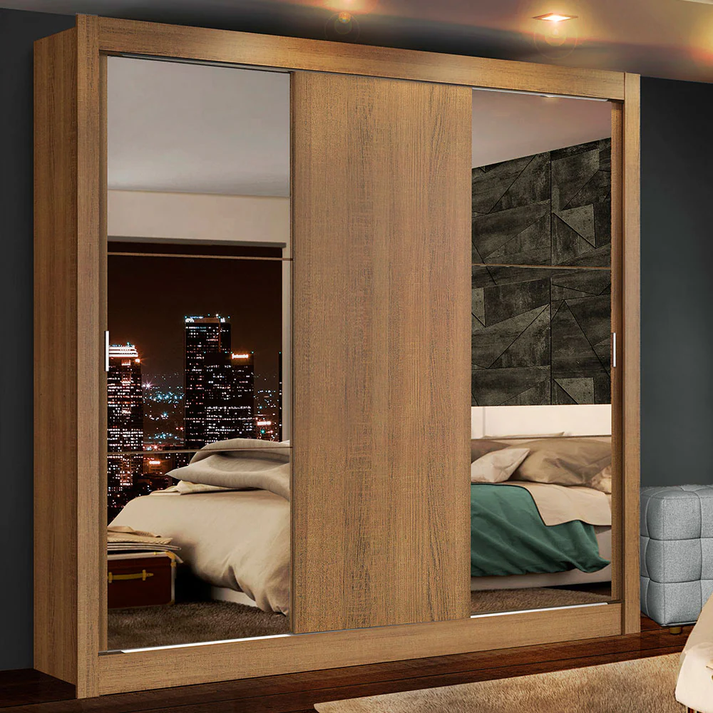 Guarda-Roupa Casal Madesa Lyon Plus 3 Portas de Correr com Espelhos 4 Gavetas Rustic
