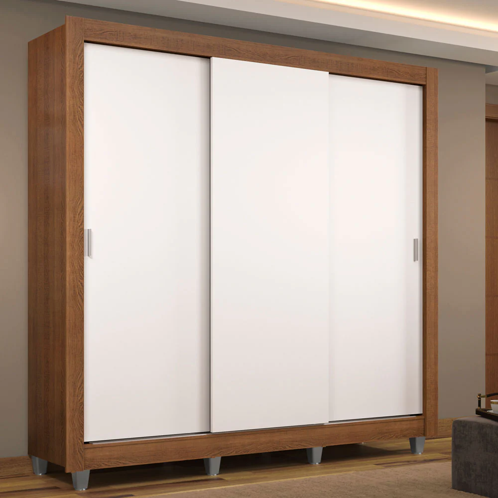 Guarda-Roupa Casal Madesa Mônaco 3 Portas de Correr com Pés Rustic/Branco