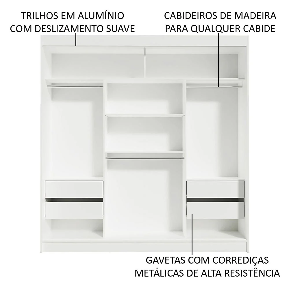 Guarda-Roupa Casal Madesa Reno 3 Portas de Correr com Espelhos Branco/Cinza - Image 5
