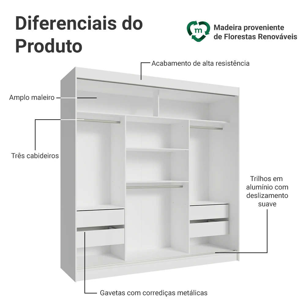 Guarda-Roupa Casal 3 Portas de Correr com Espelho Branco/Rustic Madesa Reno - Image 4