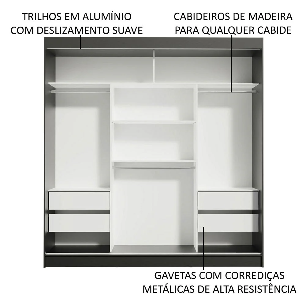Guarda-Roupa Casal Madesa Reno 3 Portas de Correr com Espelho Preto/Branco - Image 5